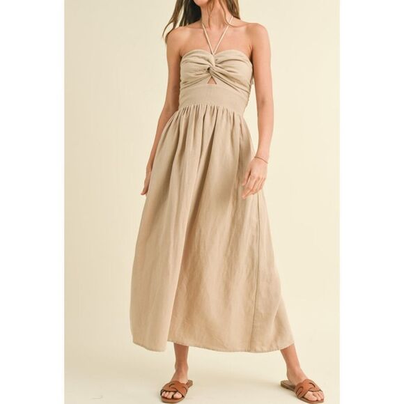 Linen Cotton Halter Maxi Dress Large - Picture 1 of 9